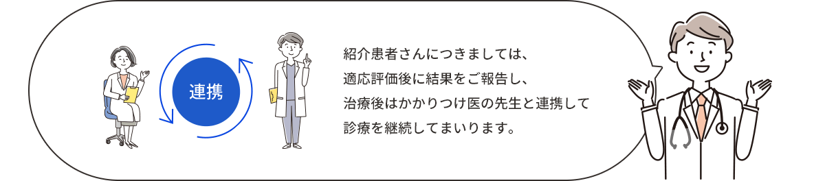 紹介患者さんにつきましては、適応評価後に結果をご報告し、治療後はかかりつけ医の先生と連携して診療を継続してまいります。